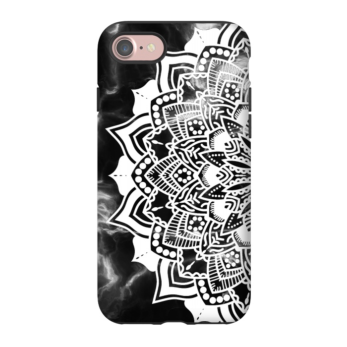 iPhone 7 StrongFit White floral line art mandala on black marble by Oana 