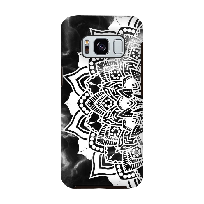 Galaxy S8 StrongFit White floral line art mandala on black marble by Oana 