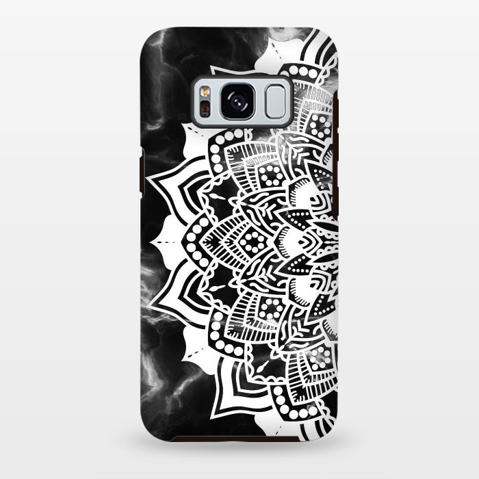 Galaxy S8 plus StrongFit White floral line art mandala on black marble by Oana 