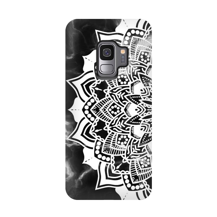 Galaxy S9 StrongFit White floral line art mandala on black marble by Oana 