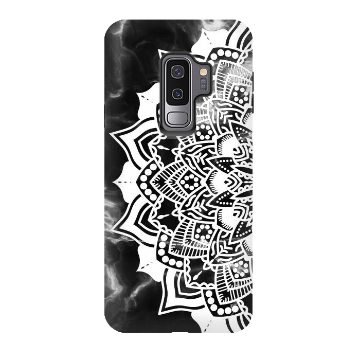 Galaxy S9 plus StrongFit White floral line art mandala on black marble by Oana 