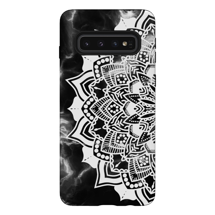 Galaxy S10 StrongFit White floral line art mandala on black marble by Oana 
