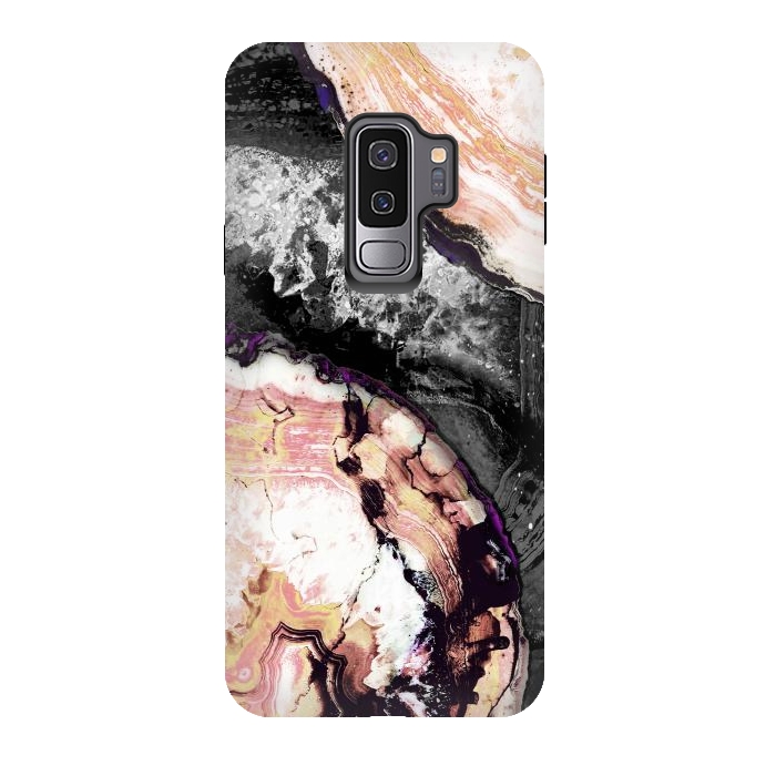 Galaxy S9 plus StrongFit Golden agata gemstone slices on black marble by Oana 