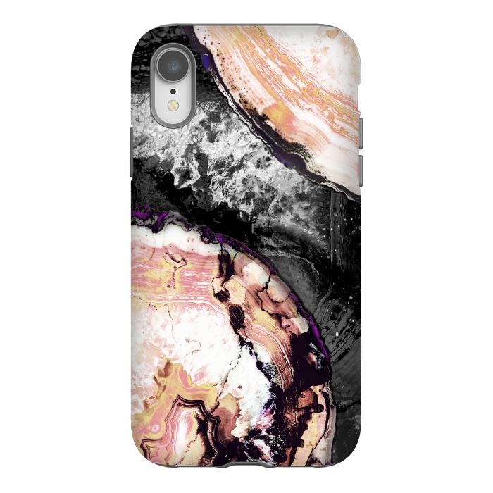 iPhone Xr StrongFit Golden agata gemstone slices on black marble by Oana 