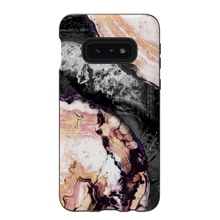 Galaxy S10e StrongFit Golden agata gemstone slices on black marble by Oana 