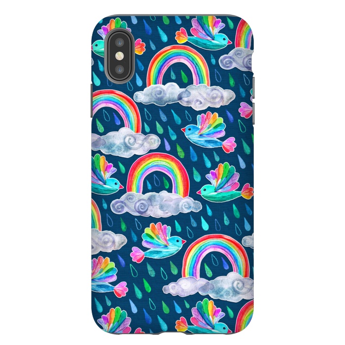 iPhone Xs Max StrongFit Watercolor Rainbow Birds on Navy by Micklyn Le Feuvre