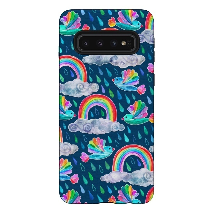 Galaxy S10 StrongFit Watercolor Rainbow Birds on Navy by Micklyn Le Feuvre