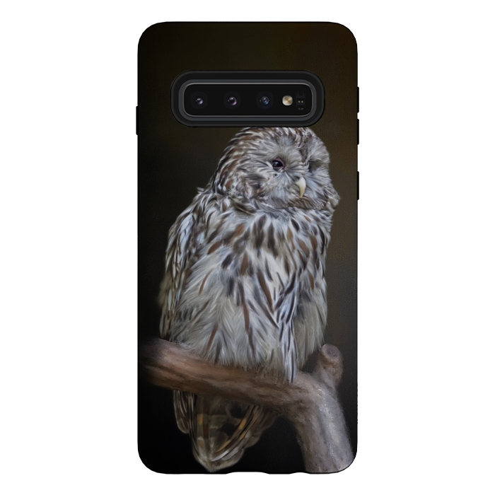 Galaxy S10 StrongFit A lovely cute painted owl with a brown background by Simone Gatterwe