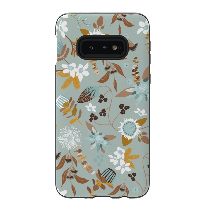 Galaxy S10e StrongFit Stylized Australian Florals in Blue and Mustard by Paula Ohreen