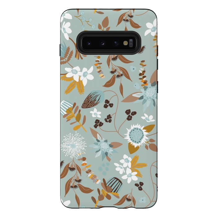 Galaxy S10 plus StrongFit Stylized Australian Florals in Blue and Mustard by Paula Ohreen