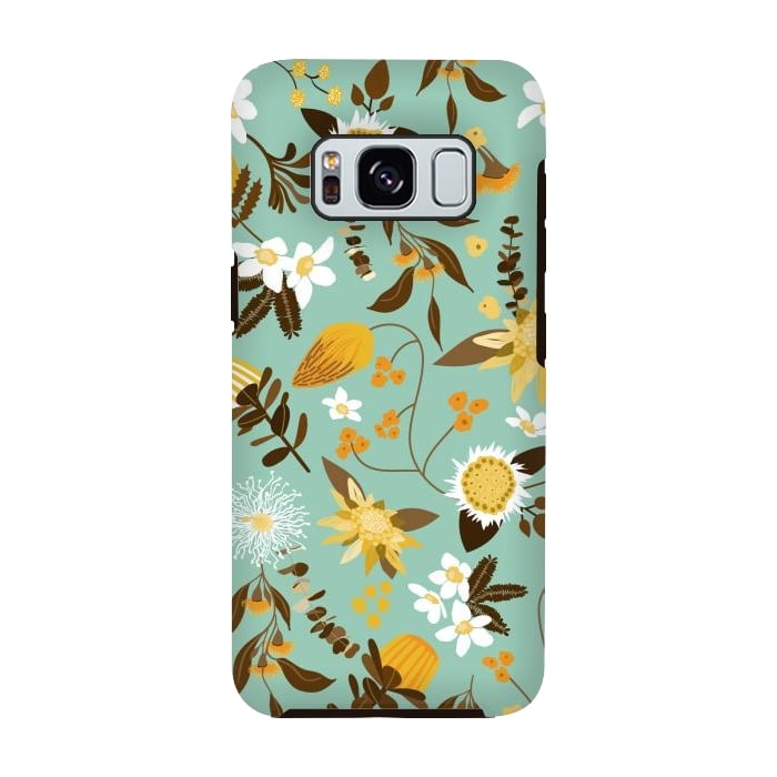 Galaxy S8 StrongFit Stylized Australian Florals in Teal and Mustard by Paula Ohreen
