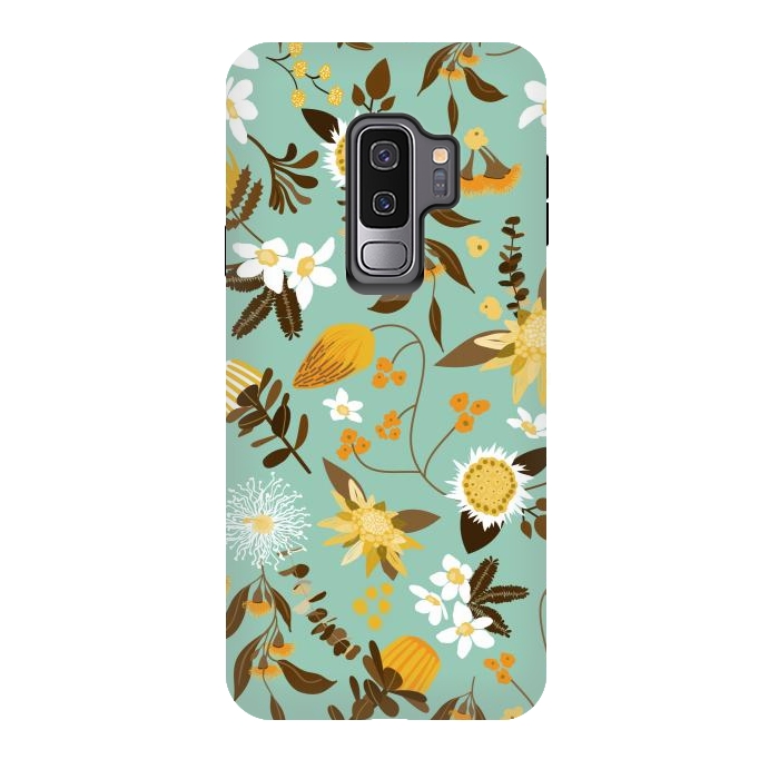 Galaxy S9 plus StrongFit Stylized Australian Florals in Teal and Mustard by Paula Ohreen