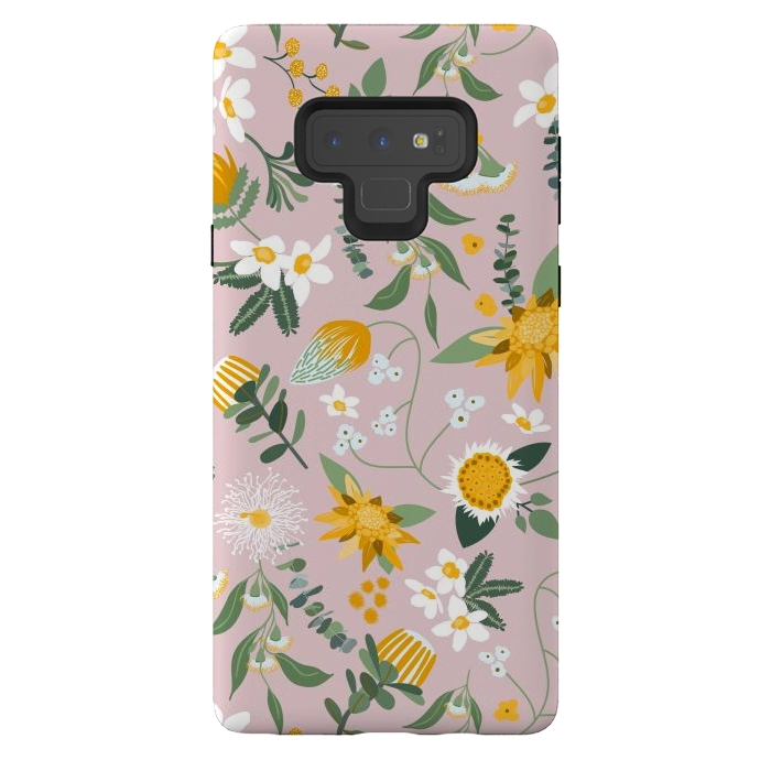 Galaxy Note 9 StrongFit Stylized Australian Florals in Pink and Yellow by Paula Ohreen
