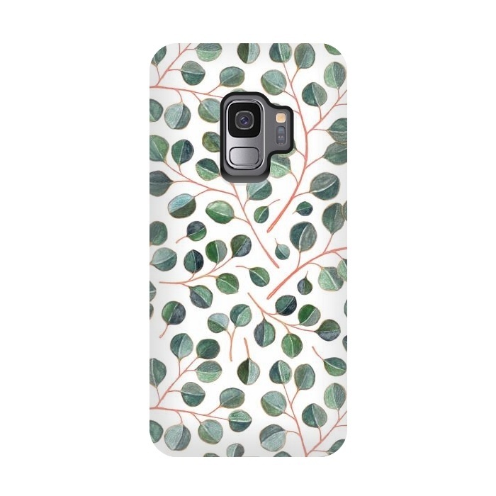 Galaxy S9 StrongFit Simple Silver Dollar Eucalyptus Leaves on White by Micklyn Le Feuvre