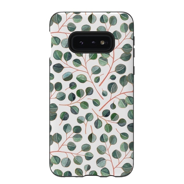 Galaxy S10e StrongFit Simple Silver Dollar Eucalyptus Leaves on White by Micklyn Le Feuvre
