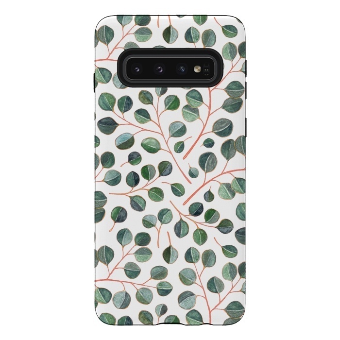 Galaxy S10 StrongFit Simple Silver Dollar Eucalyptus Leaves on White by Micklyn Le Feuvre
