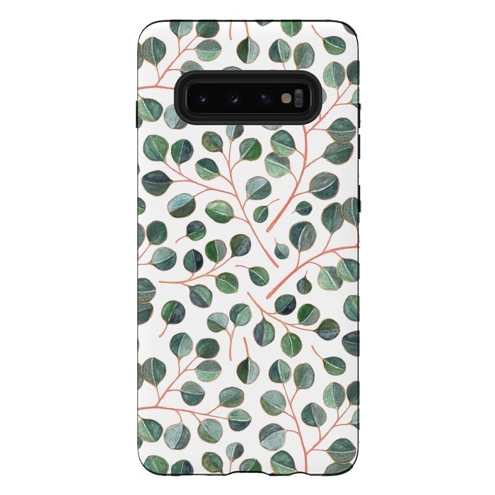 Galaxy S10 plus StrongFit Simple Silver Dollar Eucalyptus Leaves on White by Micklyn Le Feuvre