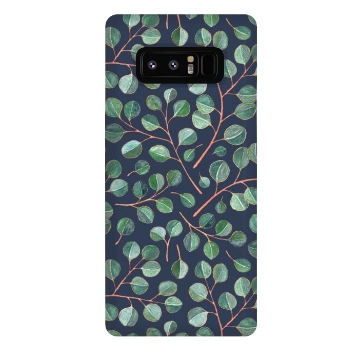 Galaxy Note 8 StrongFit Simple Silver Dollar Eucalyptus Leaves on Navy Blue  by Micklyn Le Feuvre