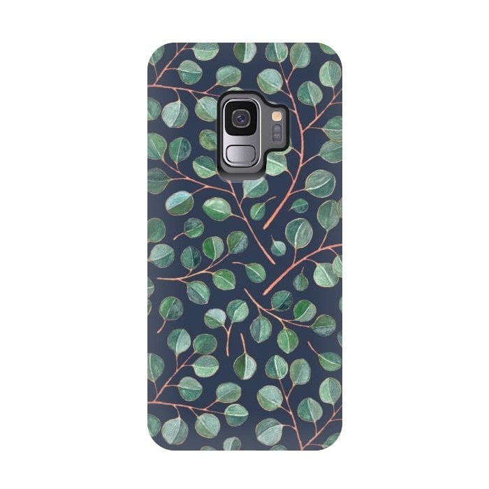 Galaxy S9 StrongFit Simple Silver Dollar Eucalyptus Leaves on Navy Blue  by Micklyn Le Feuvre