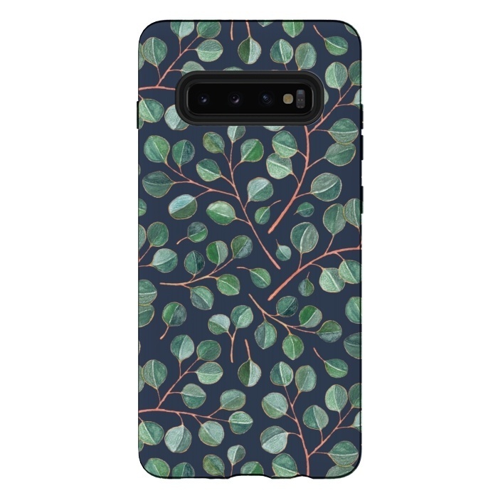 Galaxy S10 plus StrongFit Simple Silver Dollar Eucalyptus Leaves on Navy Blue  by Micklyn Le Feuvre