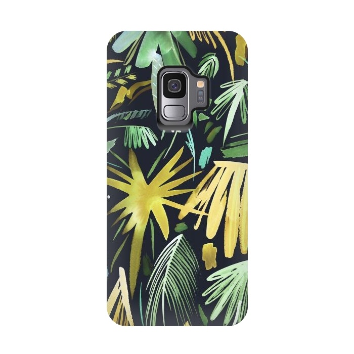 Galaxy S9 StrongFit Brushstrokes Palms Neon Gold by Ninola Design