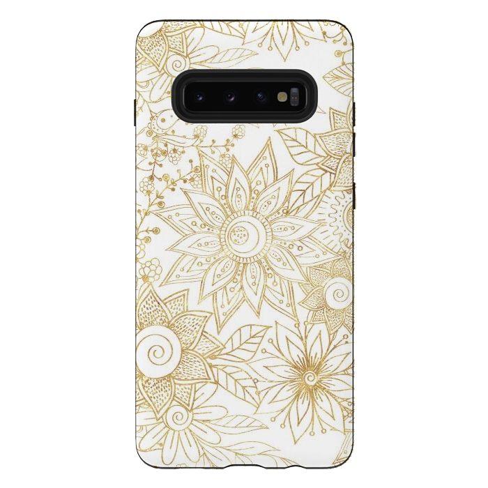 Galaxy S10 plus StrongFit Elegant golden floral doodles design by InovArts