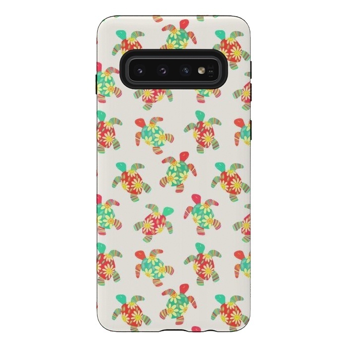 Galaxy S10 StrongFit Cute Flower Child Hippy Turtles on Cream  by Micklyn Le Feuvre
