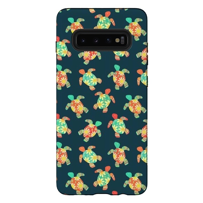 Galaxy S10 plus StrongFit Cute Flower Child Hippy Turtles on Dark by Micklyn Le Feuvre