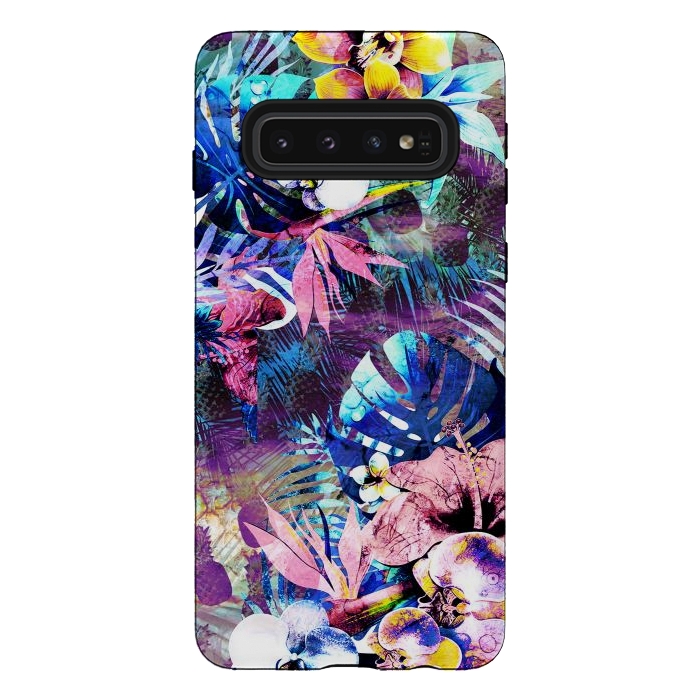 Galaxy S10 StrongFit Colorful psychedelic tropical flowers and leaves by Oana 