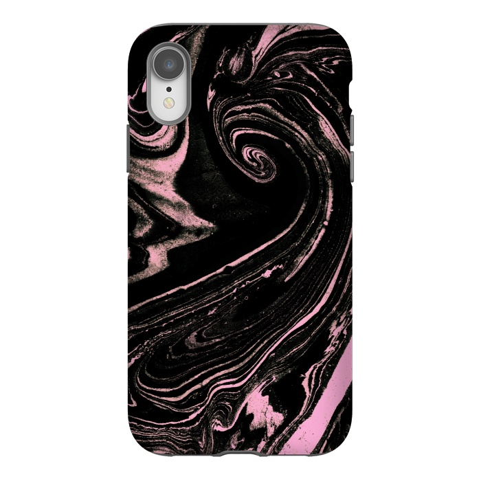 iPhone Xr StrongFit Dark marble with neon pink spiral by Oana 