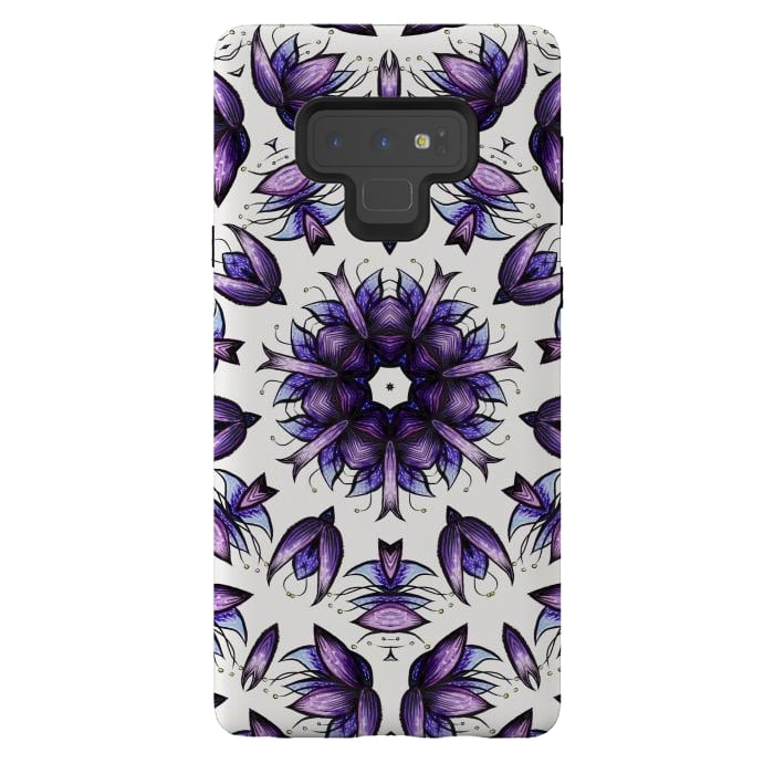 Galaxy Note 9 StrongFit Abstract Lotus Flower Kaleidoscopic Mandala Pattern In Blue Violet by Boriana Giormova