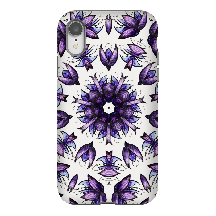 iPhone Xr StrongFit Abstract Lotus Flower Kaleidoscopic Mandala Pattern In Blue Violet by Boriana Giormova