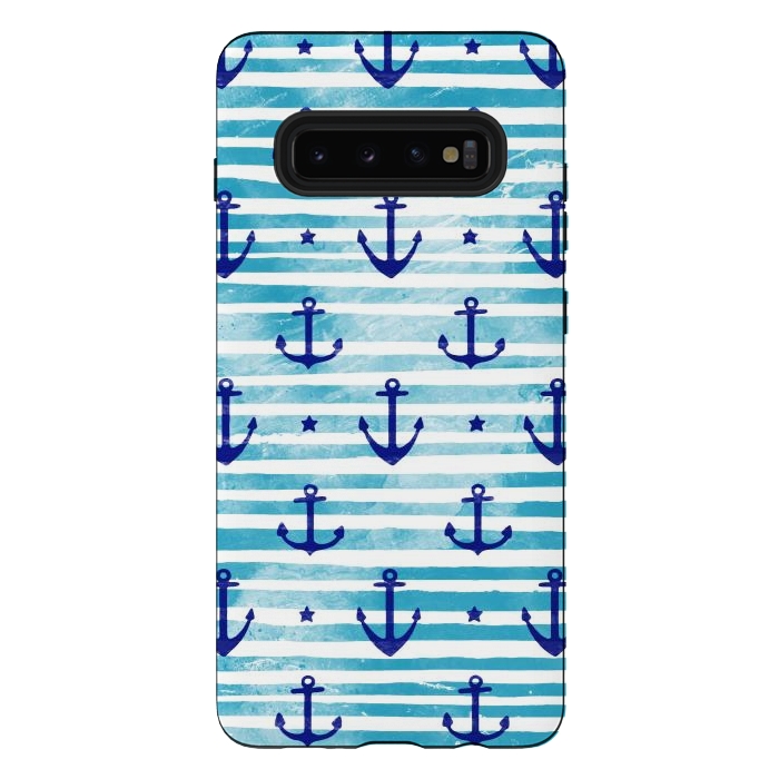 Galaxy S10 plus StrongFit Blue watercolor anchors and stripes nautical pattern by Oana 
