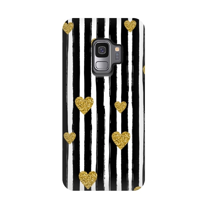 Galaxy S9 StrongFit BLACK STRIPES WITH HEARTS by MALLIKA