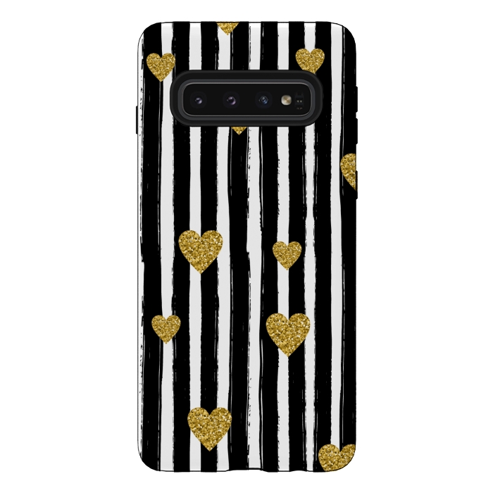 Galaxy S10 StrongFit BLACK STRIPES WITH HEARTS by MALLIKA