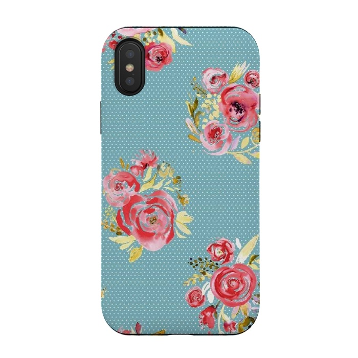 iPhone Xs / X StrongFit Blue Dots Roses Bouquet by Ninola Design