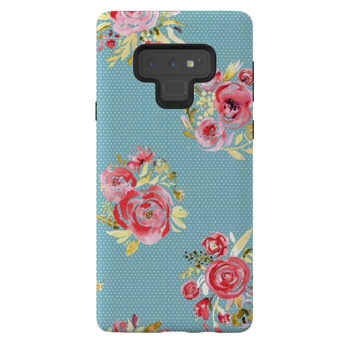 Galaxy Note 9 StrongFit Blue Dots Roses Bouquet by Ninola Design