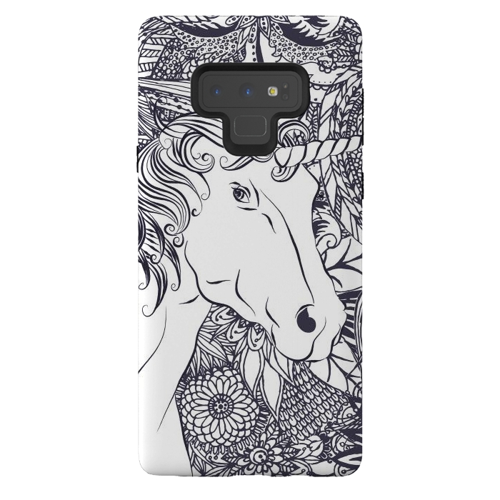 Galaxy Note 9 StrongFit Whimsy unicorn and floral mandala design by InovArts
