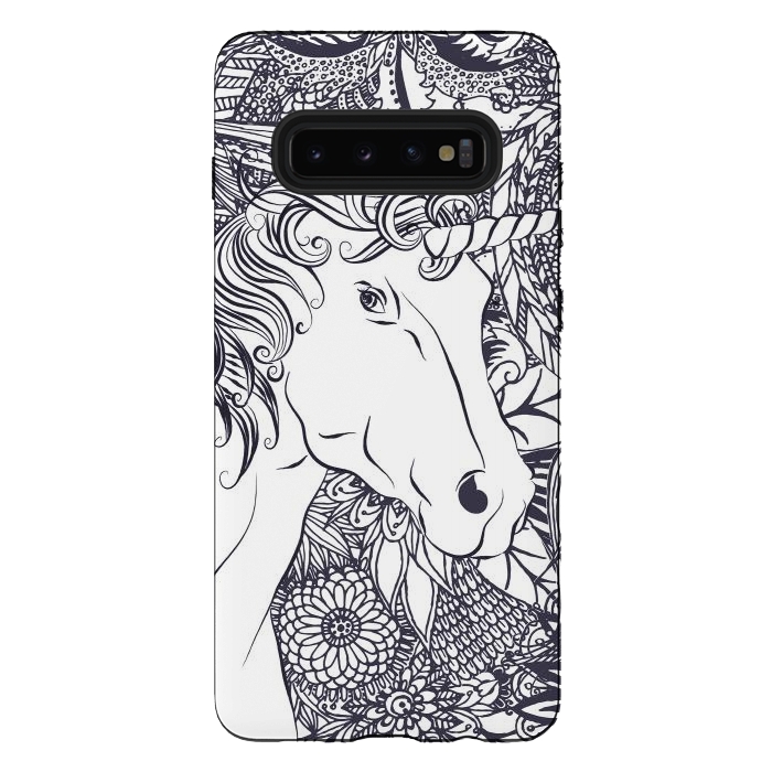 Galaxy S10 plus StrongFit Whimsy unicorn and floral mandala design by InovArts