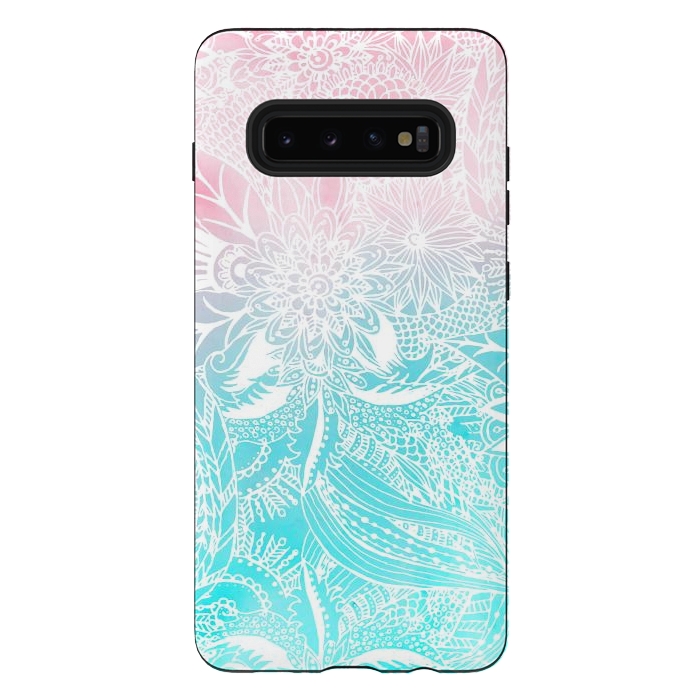 Galaxy S10 plus StrongFit whimsy white floral mandala watercolor design by InovArts