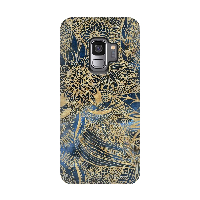 Galaxy S9 StrongFit Elegant gold floral mandala and blue nebula design by InovArts