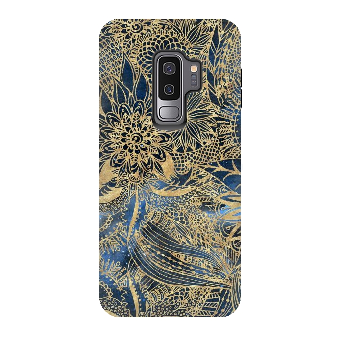 Galaxy S9 plus StrongFit Elegant gold floral mandala and blue nebula design by InovArts