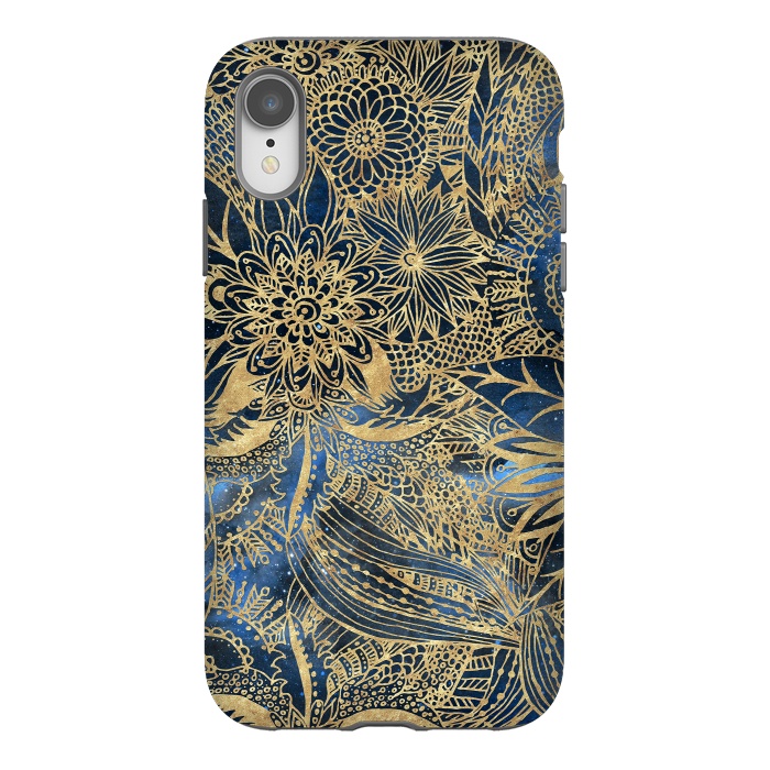 iPhone Xr StrongFit Elegant gold floral mandala and blue nebula design by InovArts