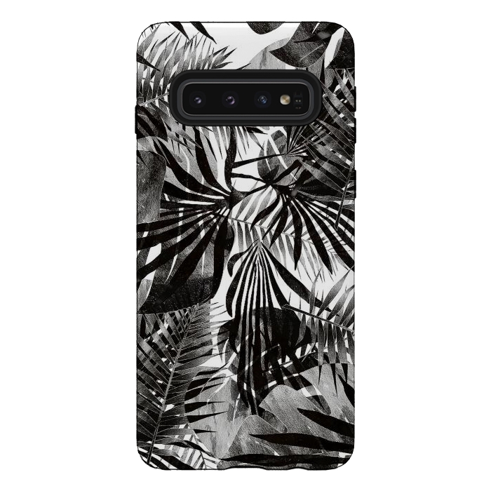 Galaxy S10 StrongFit Silver black metallic tropical leaves by Oana 