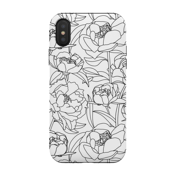 iPhone Xs / X StrongFit Black & White Peony line drawing  by Melissa Pedersen
