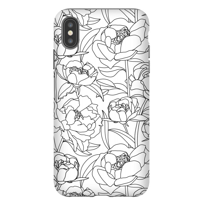 iPhone Xs Max StrongFit Black & White Peony line drawing  by Melissa Pedersen