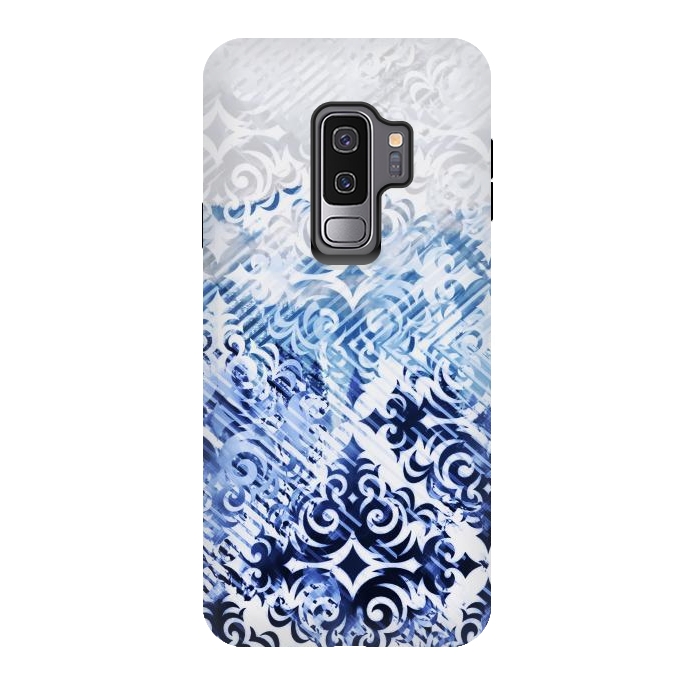 Galaxy S9 plus StrongFit Gradient blue white silver damask pattern by Oana 