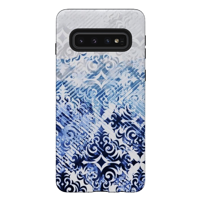 Galaxy S10 StrongFit Gradient blue white silver damask pattern by Oana 