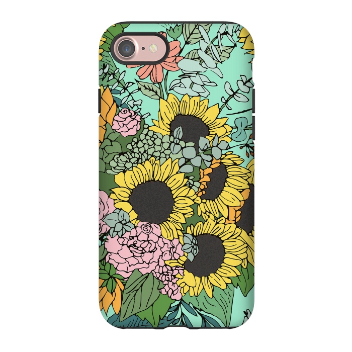 iPhone 7 StrongFit Trendy yellow sunflowers and pink roses mint design by InovArts