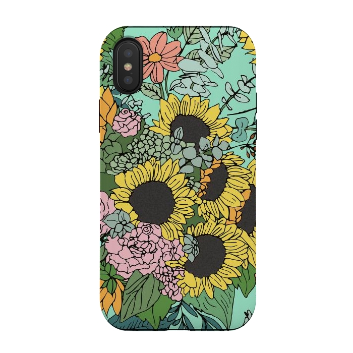 iPhone Xs / X StrongFit Trendy yellow sunflowers and pink roses mint design by InovArts